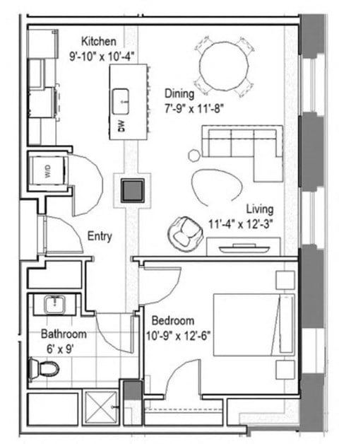 Floor plan for 1 bed, 1 bath, 672 sqft